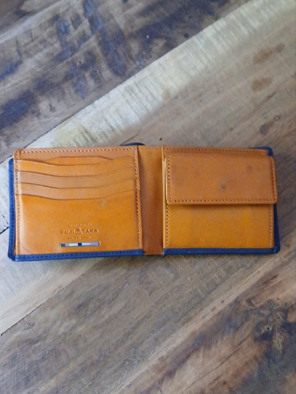 FUJITAKA Blue & Cognac Leather Accessory MULTI-Card Wallet W/ Coinpocket - Picture 9 of 9